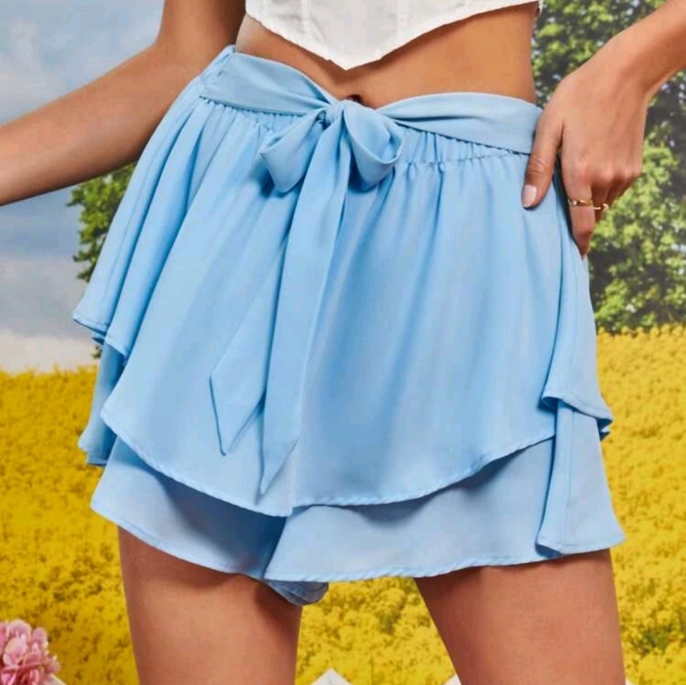 Light Blue Ruffle mesh double layer flowy shorts with ribbon belt size Medium